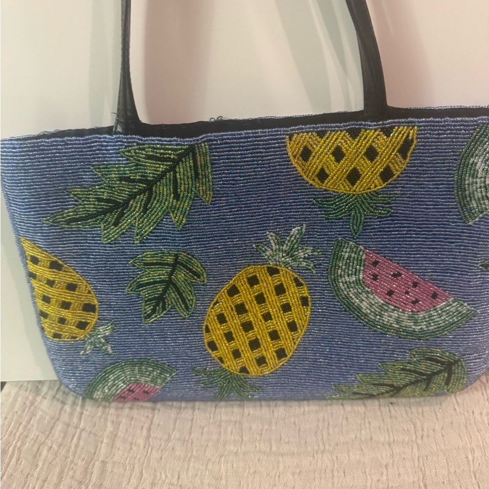 Fully Beaded Pineapple Watermelon and Leaf Pattern Purse Tote - Picture 7 of 9